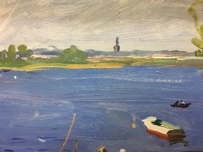 Oil painting of small white red rowboat with green cover on blue water by Gantman Moses Faybovich