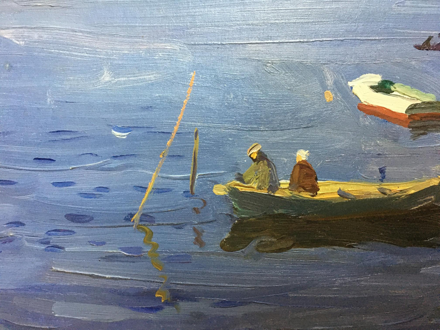 Impressionistic oil painting of yellow rowboat with two figures by shore, Gantman Moses Faybovich