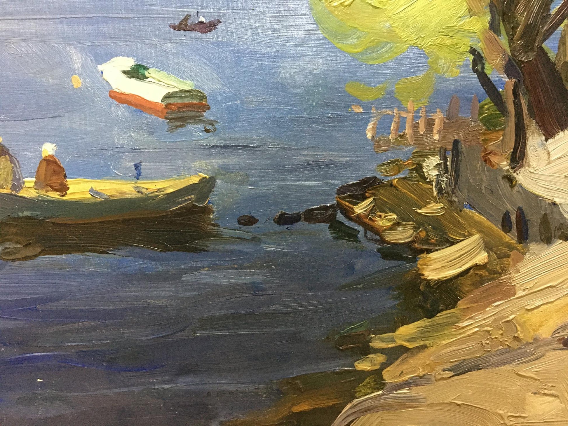 Oil painting by Gantman Moses Faybovich: yellow rowboat on blue water near shore