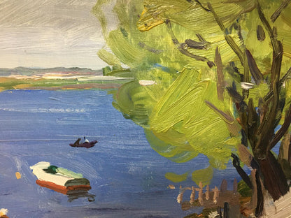 Oil painting by Gantman Moses Faybovich: boats near shore with green tree and lake