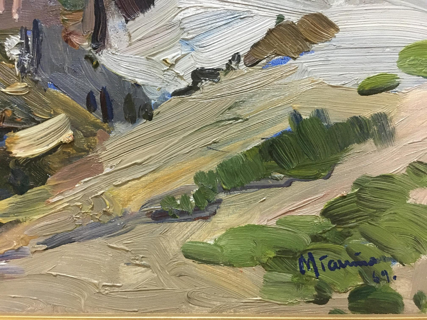 Textured impressionistic oil painting of boats near shore by Gantman Moses Faybovich