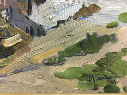 Textured impressionistic oil painting of boats near shore by Gantman Moses Faybovich