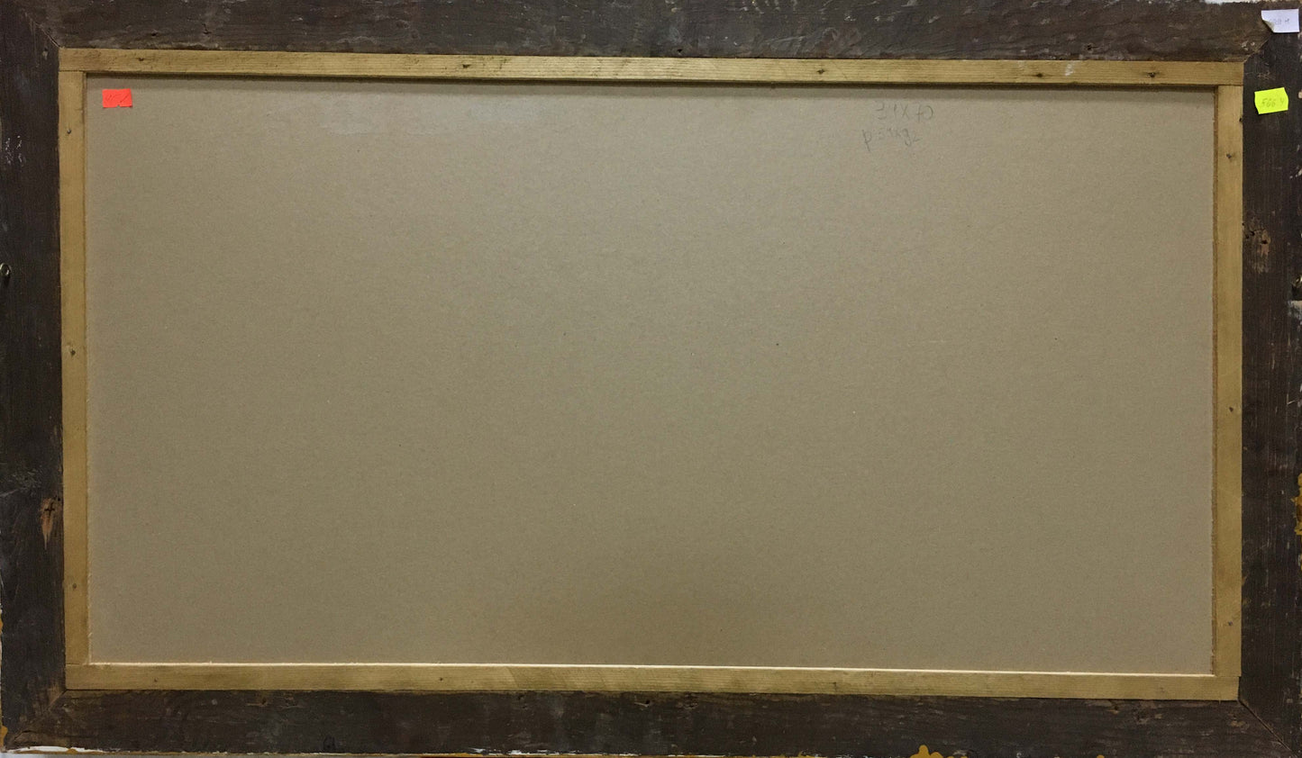 Back of gold-framed Oil painting Dam by Kolosovsky Georgy Sergeevich on beige canvas with dark wood backing