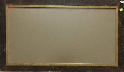 Back of gold-framed Oil painting Dam by Kolosovsky Georgy Sergeevich on beige canvas with dark wood backing