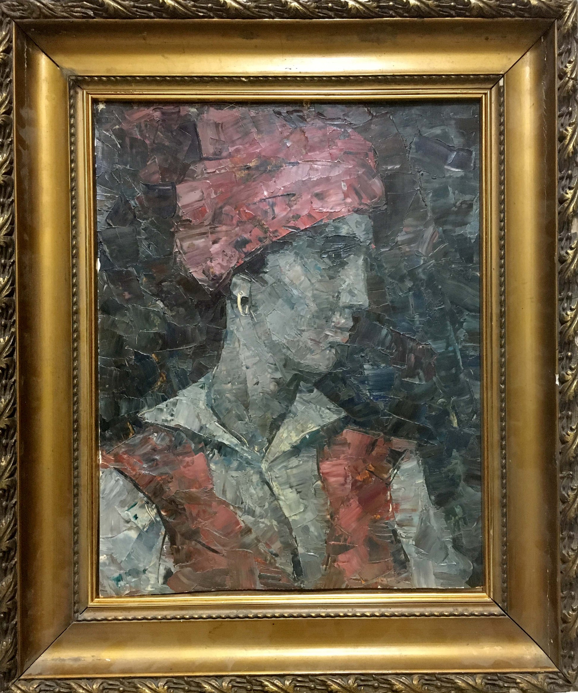 Oil painting portrait of Muslim in red headscarf, ornate gold frame