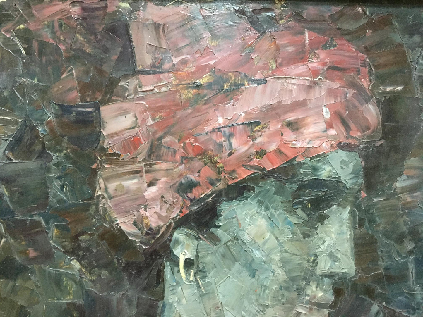 Oil painting portrait of Muslim with abstract red pink green brushstrokes