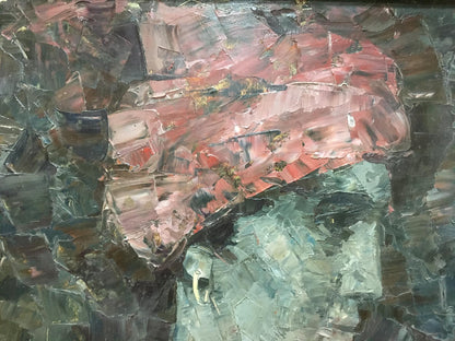Oil painting portrait of Muslim with abstract red pink green brushstrokes