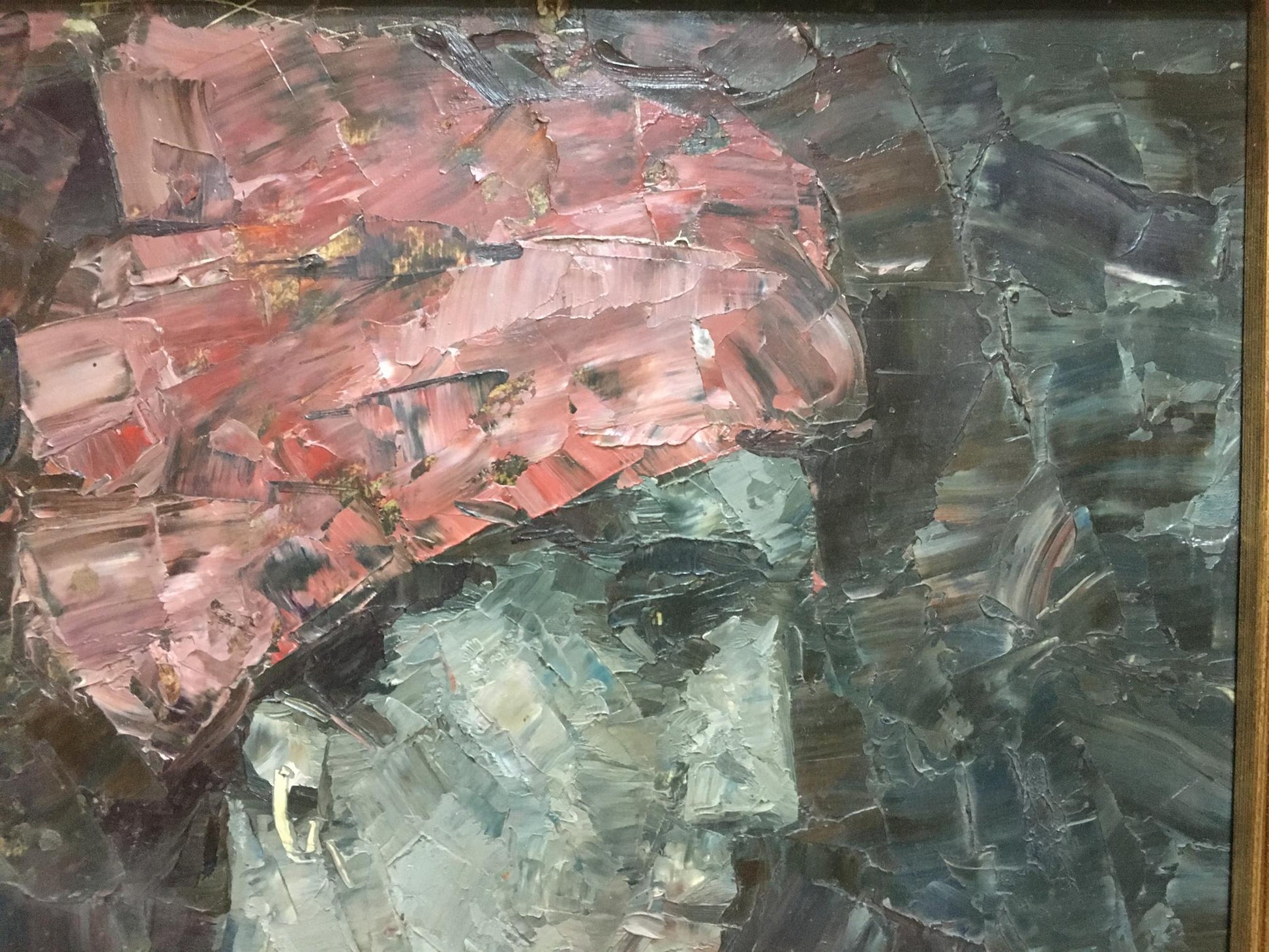 Abstract pink teal oil painting portrait of Muslim on dark textured canvas