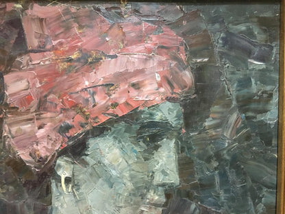 Abstract pink teal oil painting portrait of Muslim on dark textured canvas