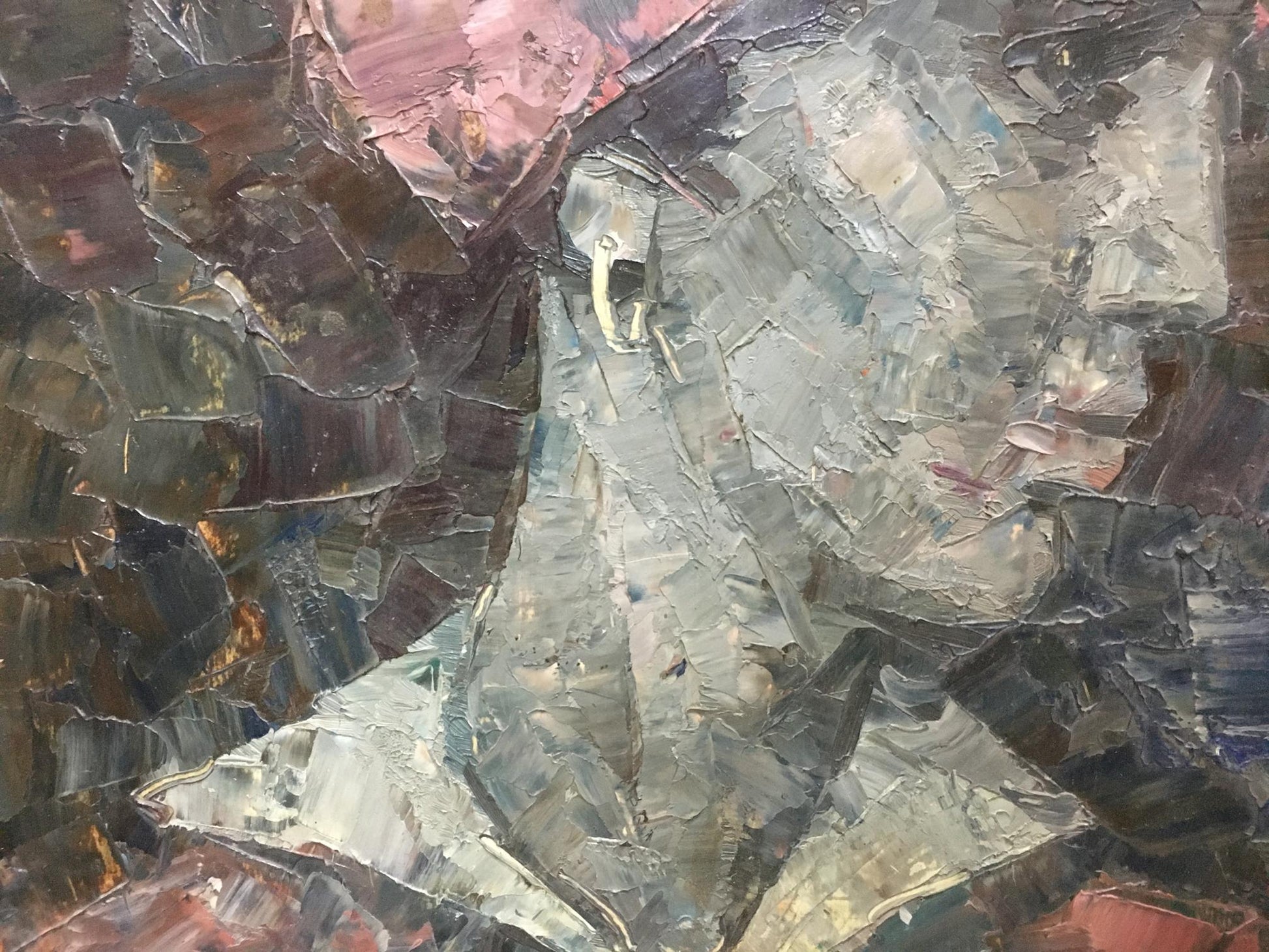 Oil painting portrait of Muslim in abstract expressionist grays, blacks, pinks