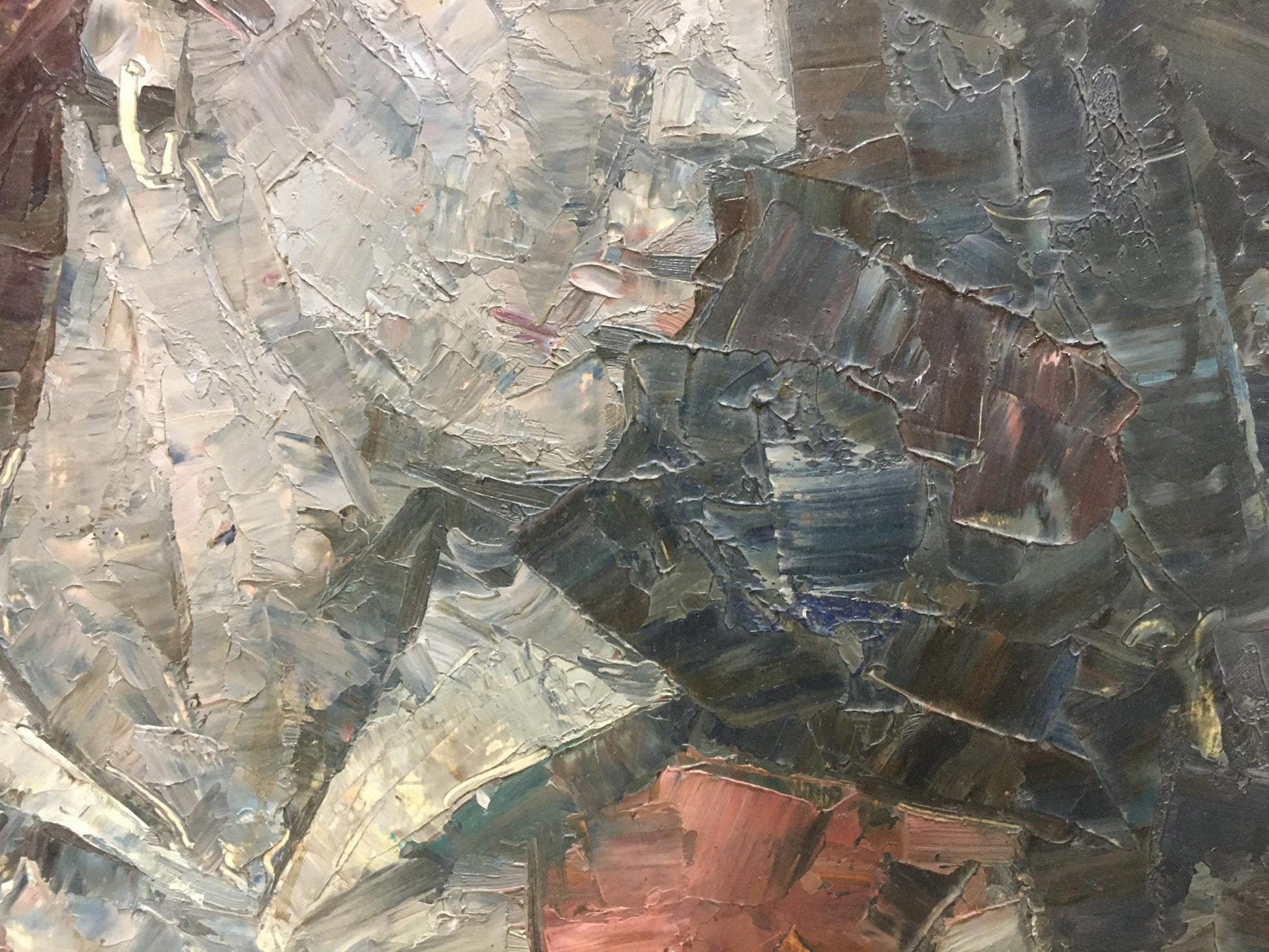 Abstract textured oil painting portrait of Muslim in grays, blues, reds
