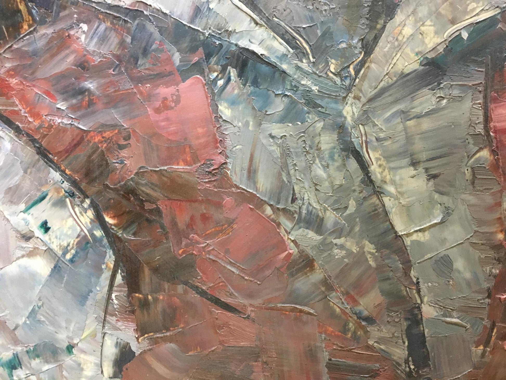 Oil painting portrait of Muslim with abstract red, gray, silver textured brushstrokes