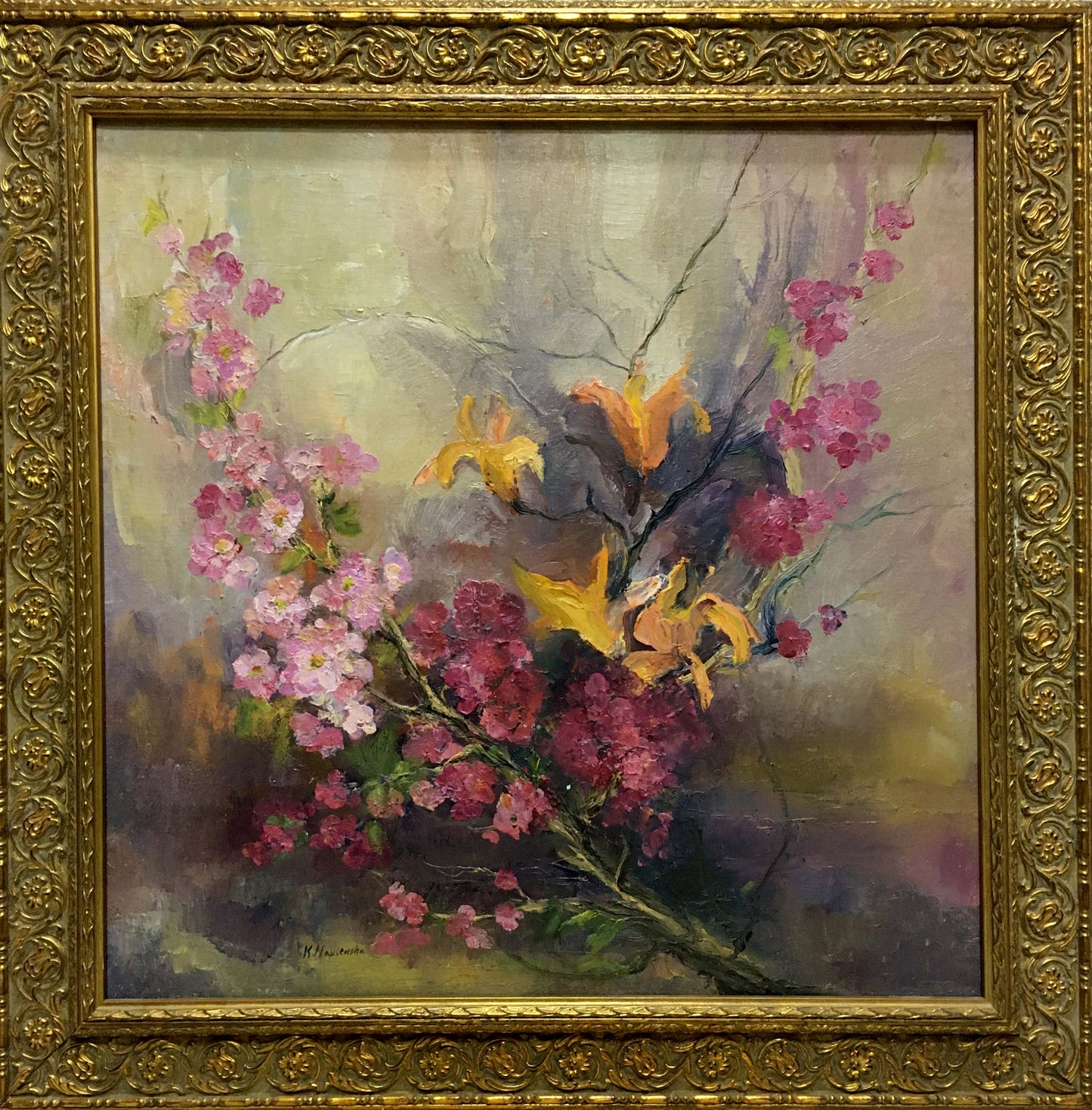 Oil painting of flowers by unknown artist in ornate gold frame