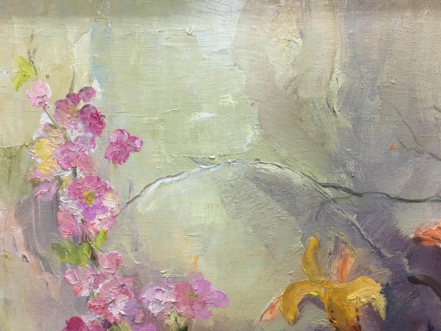 Textured oil painting of pink purple flowers by unknown artist