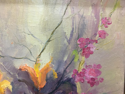 Oil painting of vibrant pink blossoms on branches by unknown artist