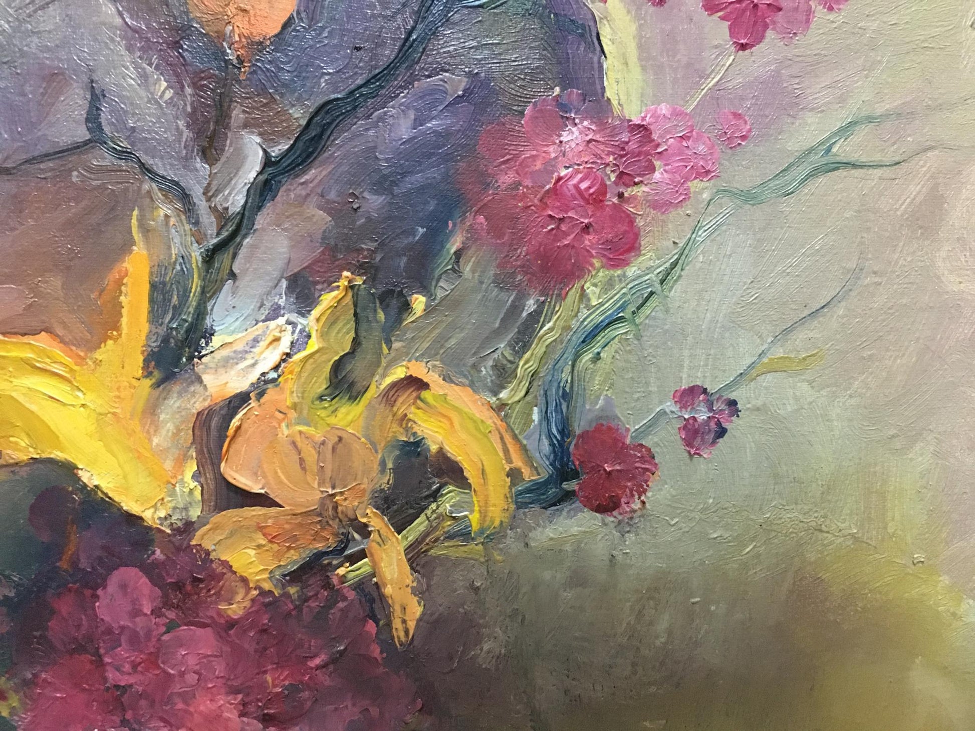 Vibrant impressionist oil painting of pink, yellow, purple flowers by unknown artist