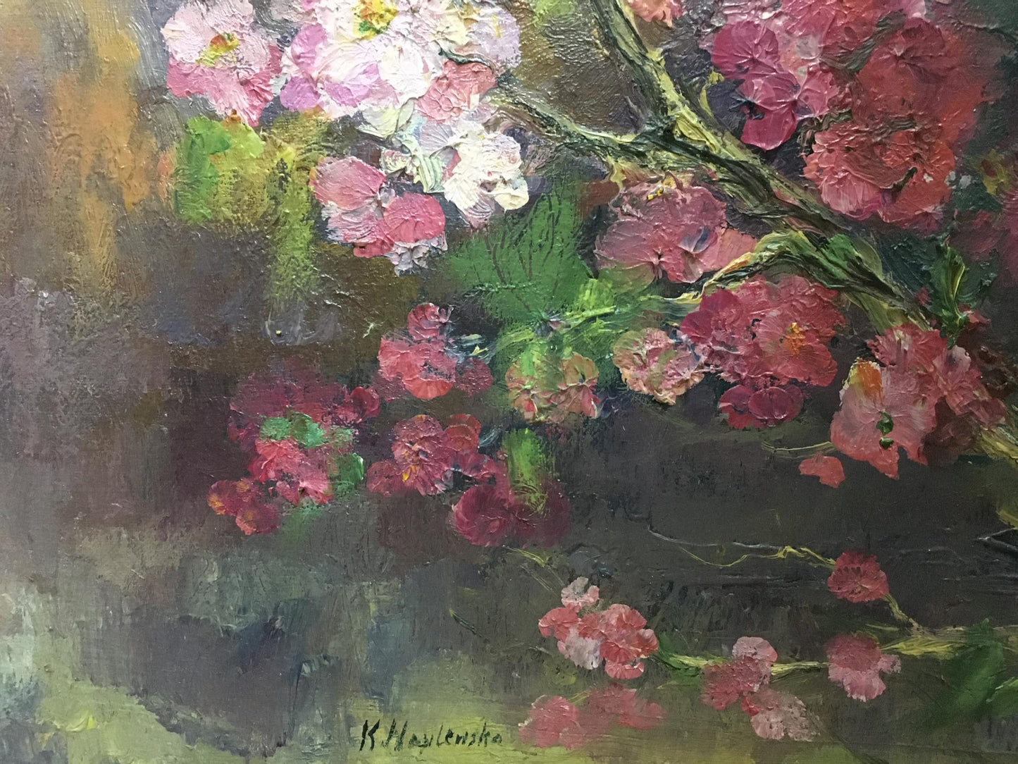 Oil painting of pink white blossoms by unknown artist impasto style