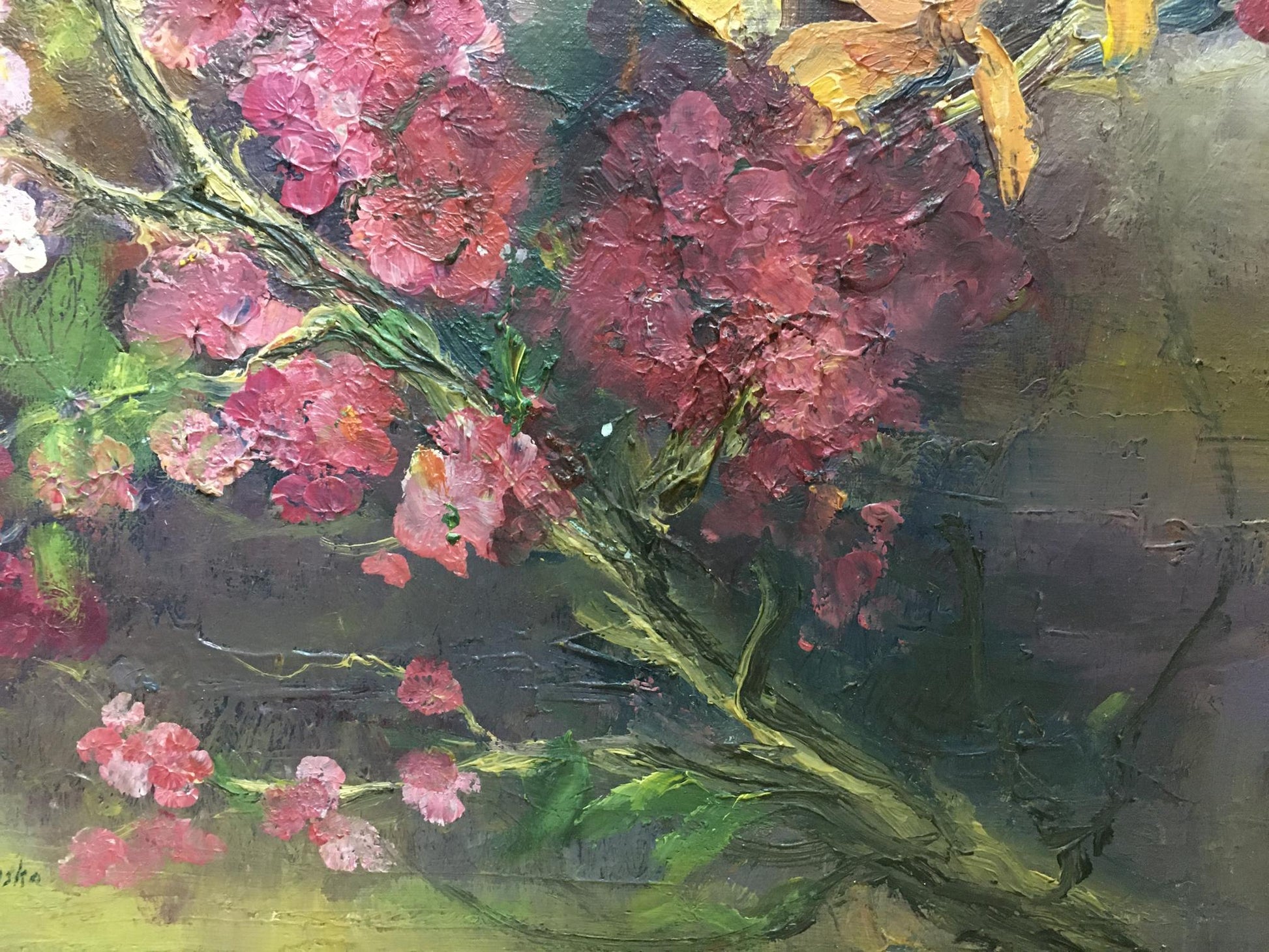 Oil painting of pink magenta blossoms by unknown artist