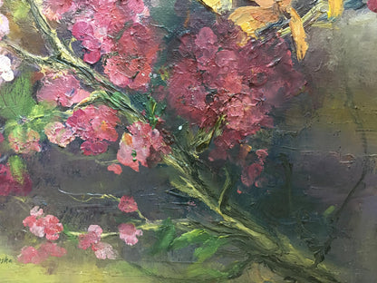 Oil painting of pink magenta blossoms by unknown artist