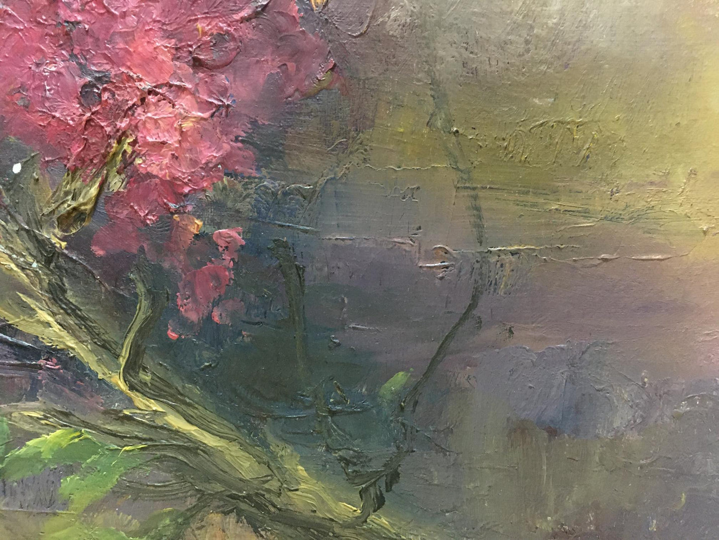 Oil painting Flowers by unknown artist: textured pink blossoms on olive-gray background