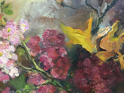 Oil painting of pink red blossoms yellow leaves by unknown artist