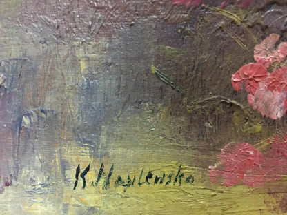 Textured oil painting of pink flowers on green brown backdrop signed k