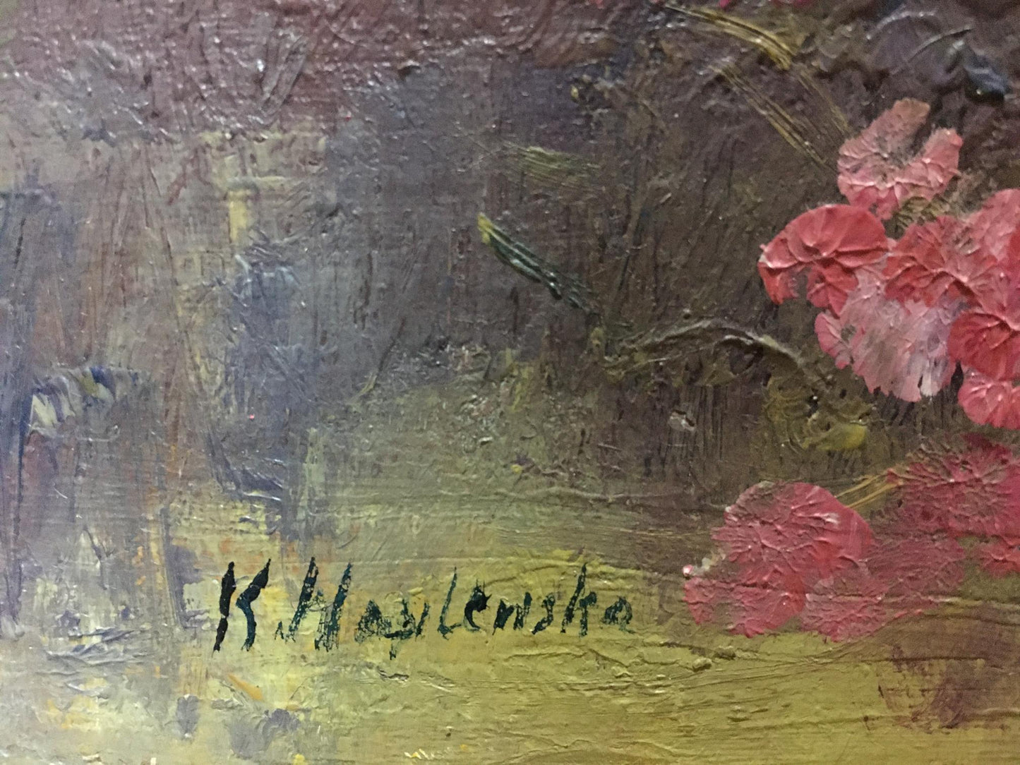 Textured oil painting of vibrant red flowers on earthy browns and greens by k