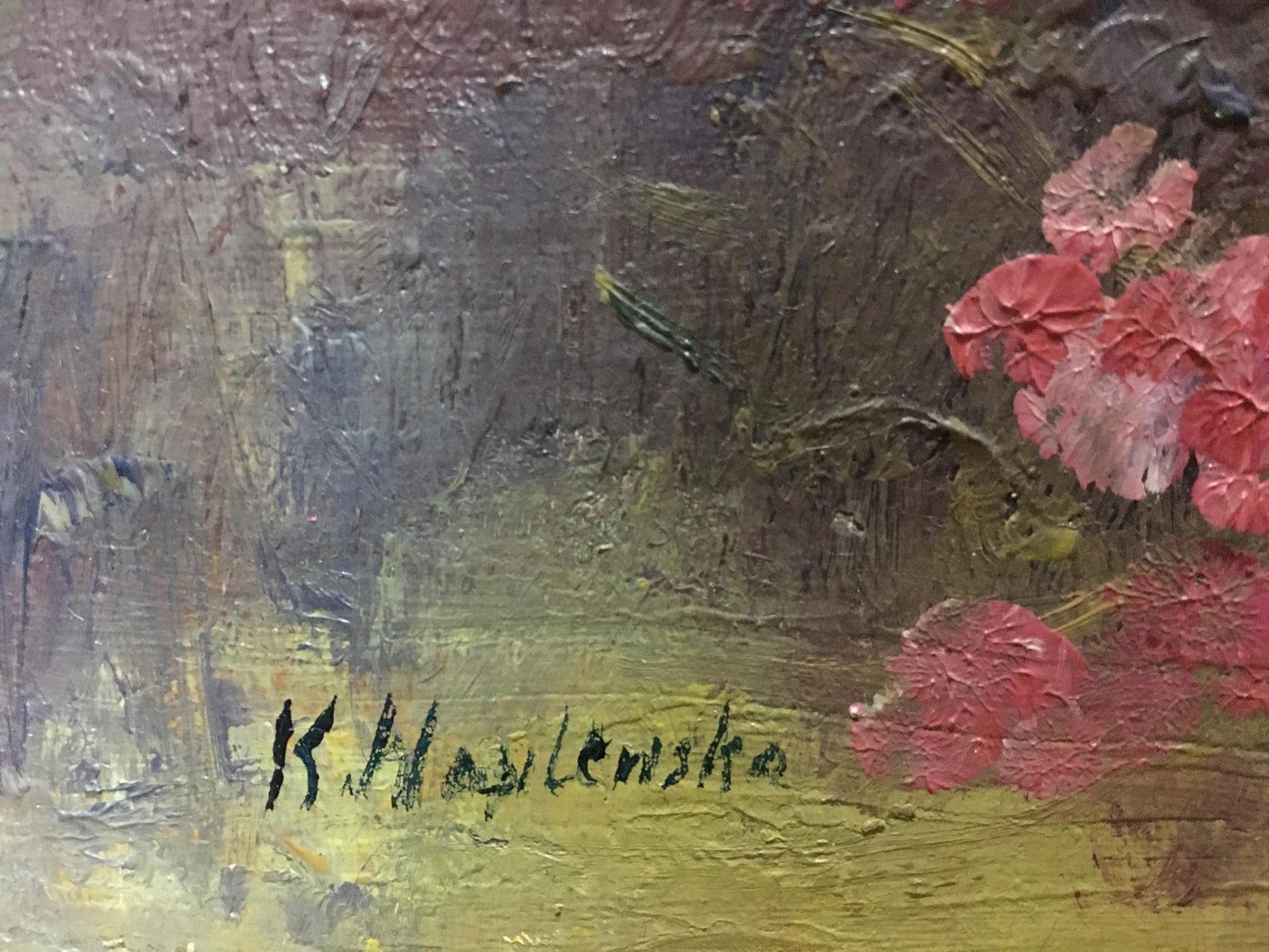 Textured oil painting of vibrant red flowers on earthy browns and greens by k