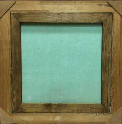 Oil painting Flowers by unknown artist on light teal canvas in rustic wood frame