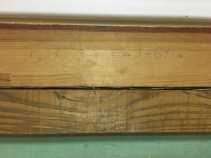 Back of oil painting Flowers Unknown artist: light brown wooden plank with grain and handwritten measurement