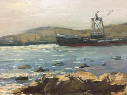 Oil painting of red-hulled cargo ship near shore by Miroshnik Konstantin Vyacheslavovich