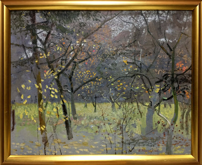 Framed oil painting of misty autumn forest by Zaretsky Victor Ivanovich