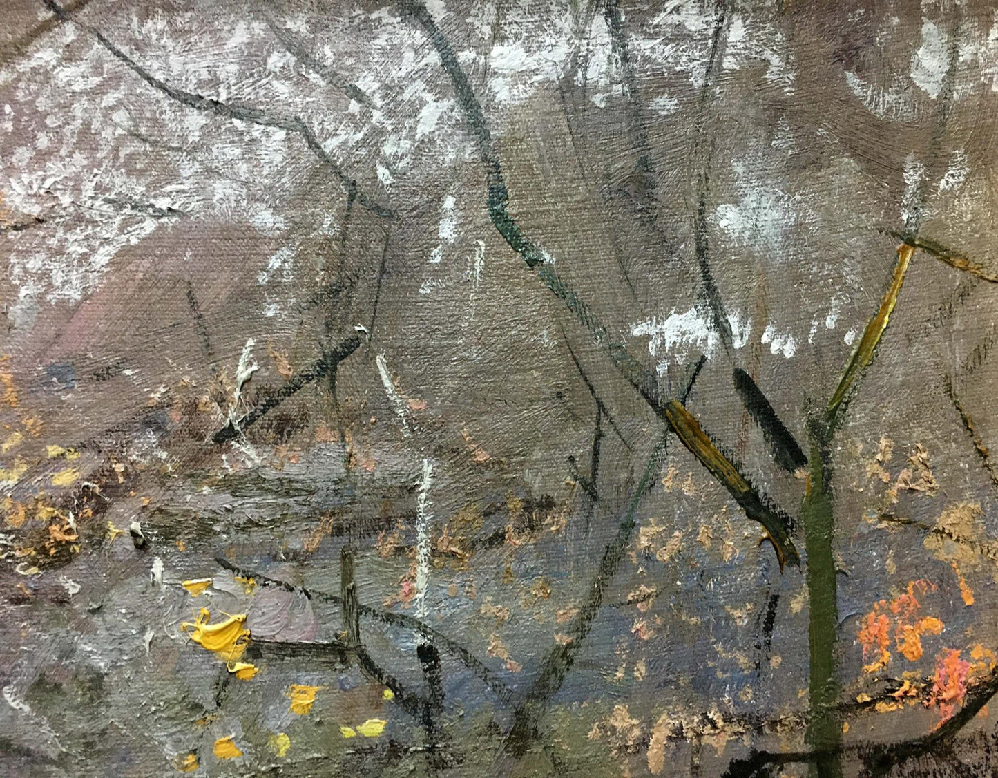 Oil painting of bare tree branches and autumn leaves by Zaretsky Victor Ivanovich