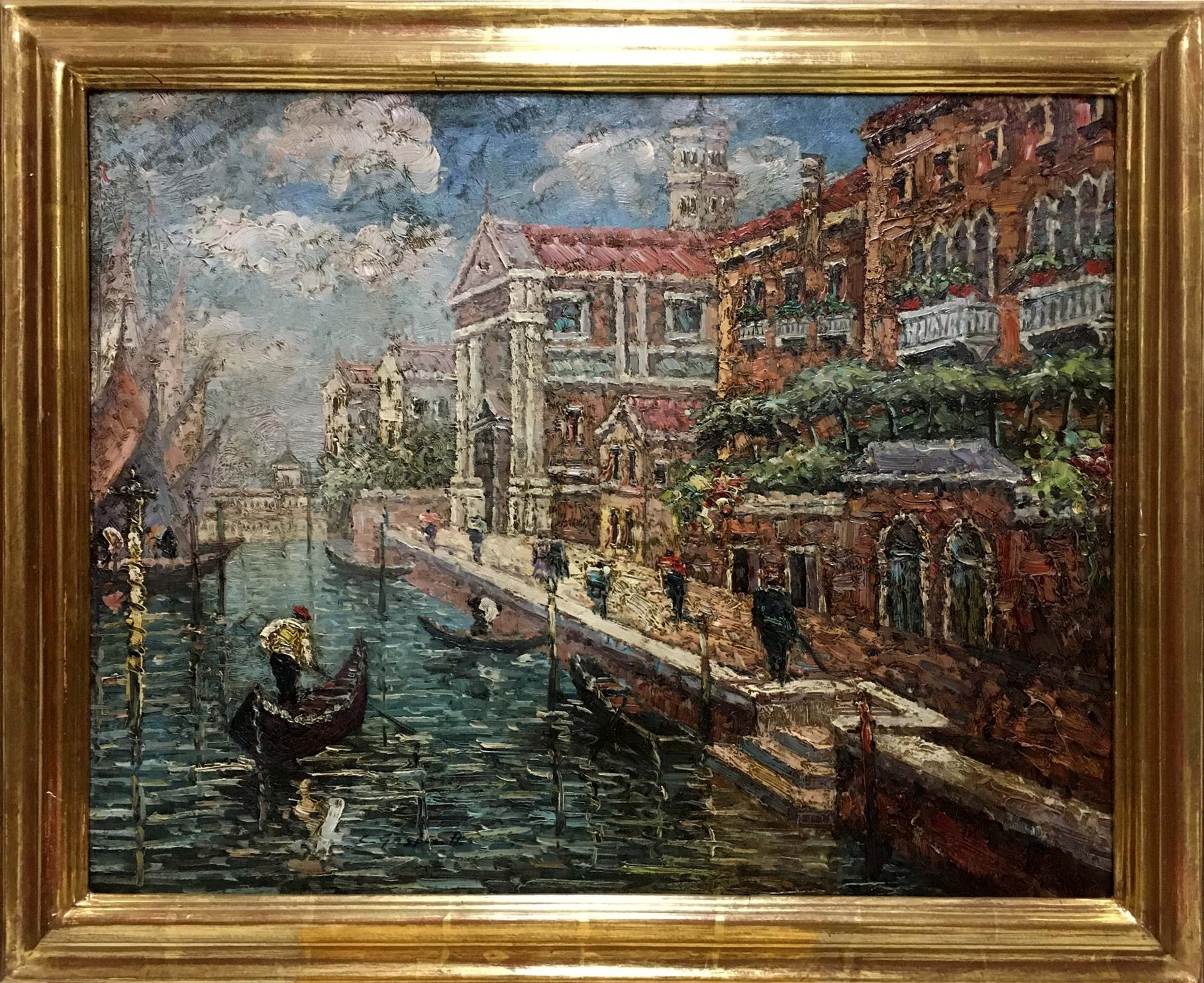 Framed oil painting of Venetian summer canal with gondolas