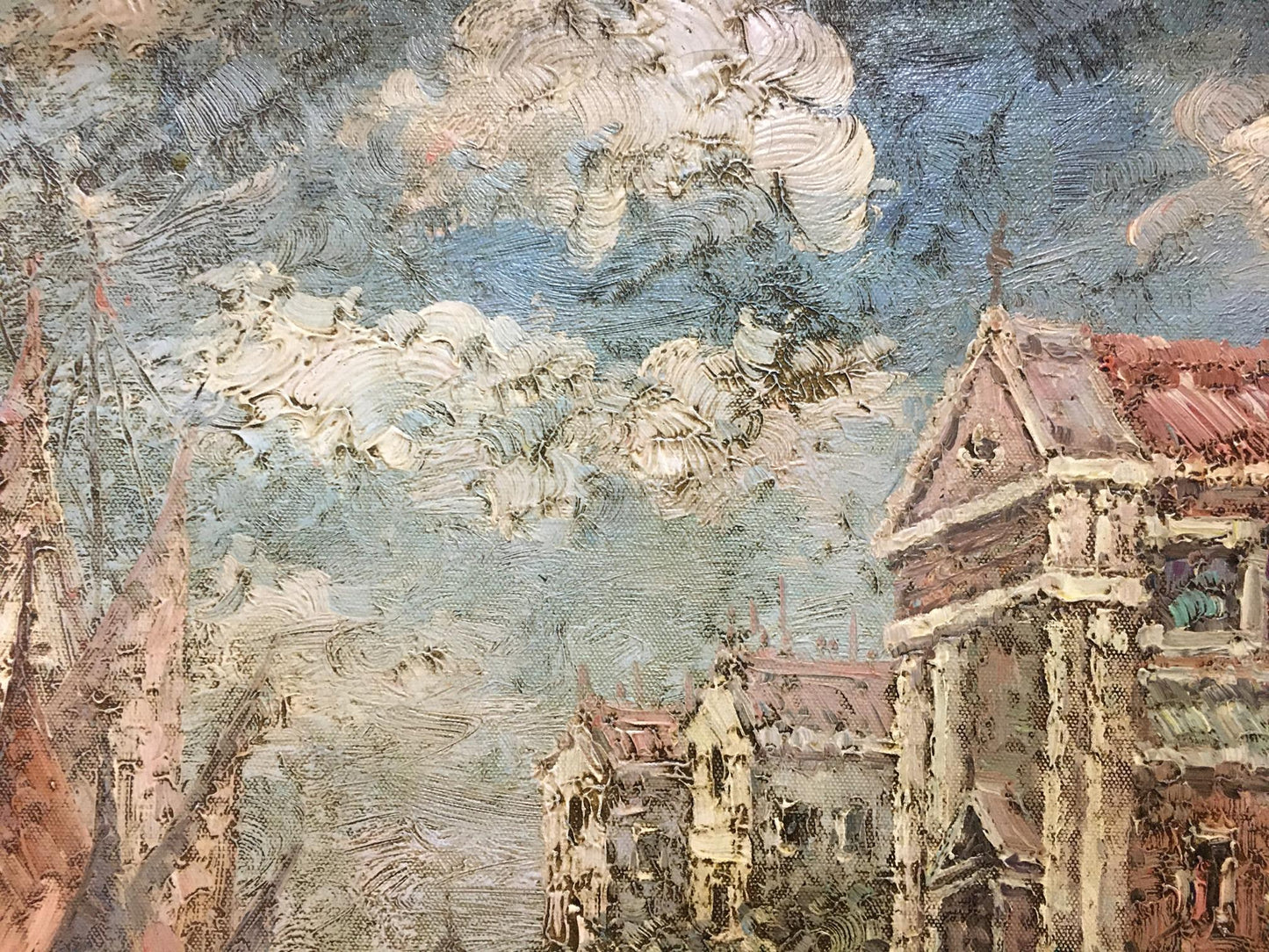 Oil painting of summer city landscape with buildings under blue cloudy sky