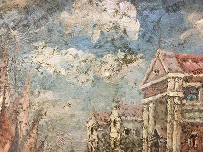 Oil painting of summer city landscape with buildings under blue cloudy sky