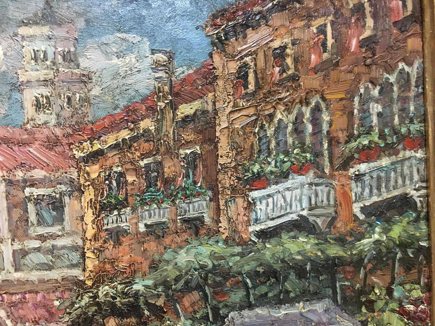 Oil painting Summer city landscape: sunlit European street with warm buildings