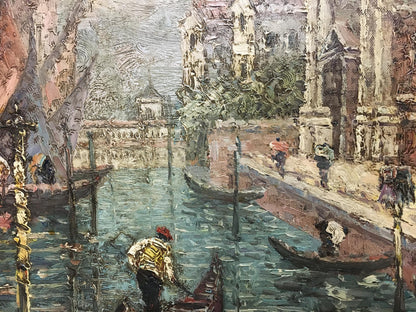 Textured oil painting of Venetian summer canal with gondolas