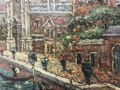 Impressionistic oil painting of summer city canal landscape