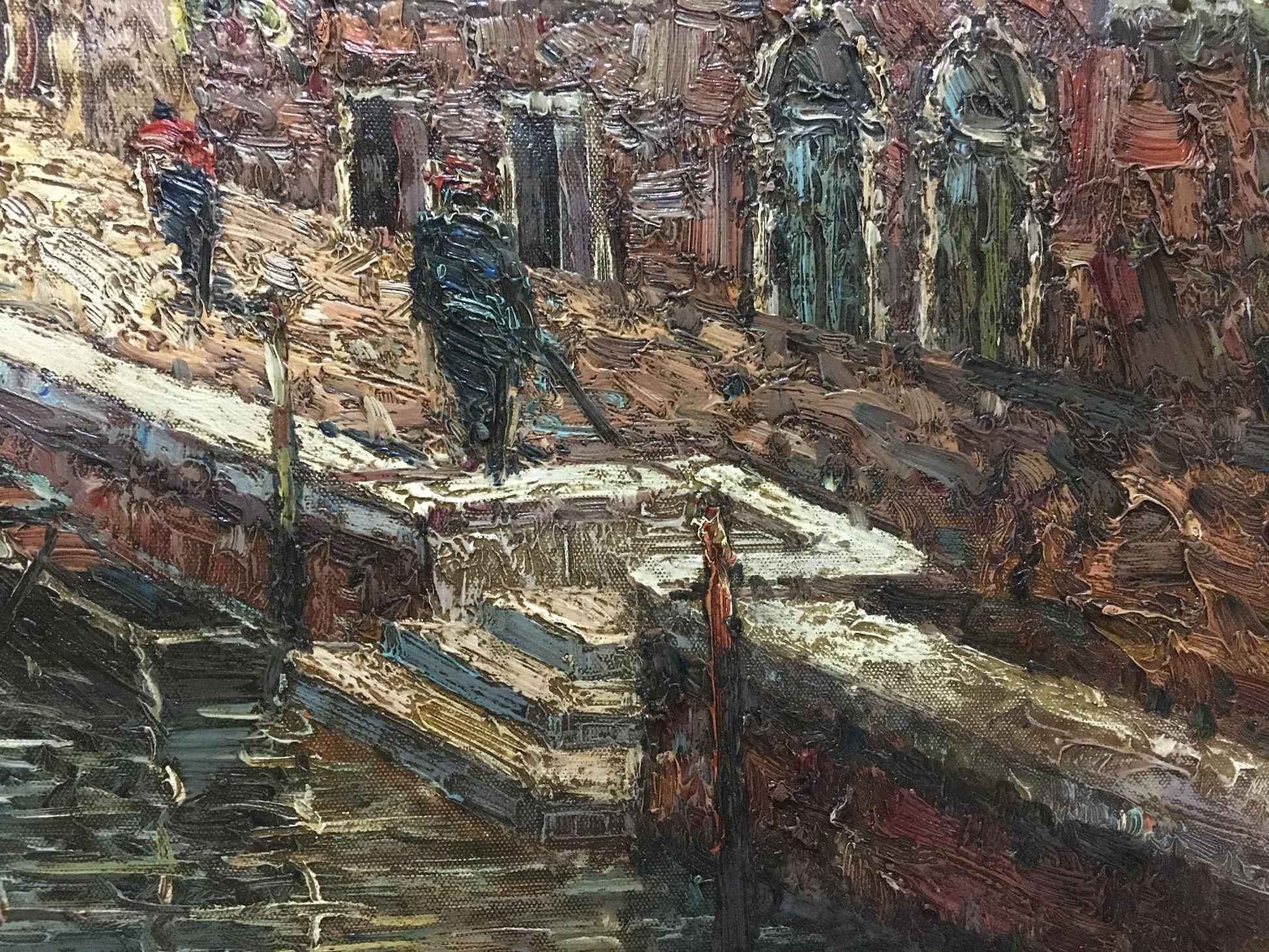 Oil painting of impressionistic summer city canal landscape with figures