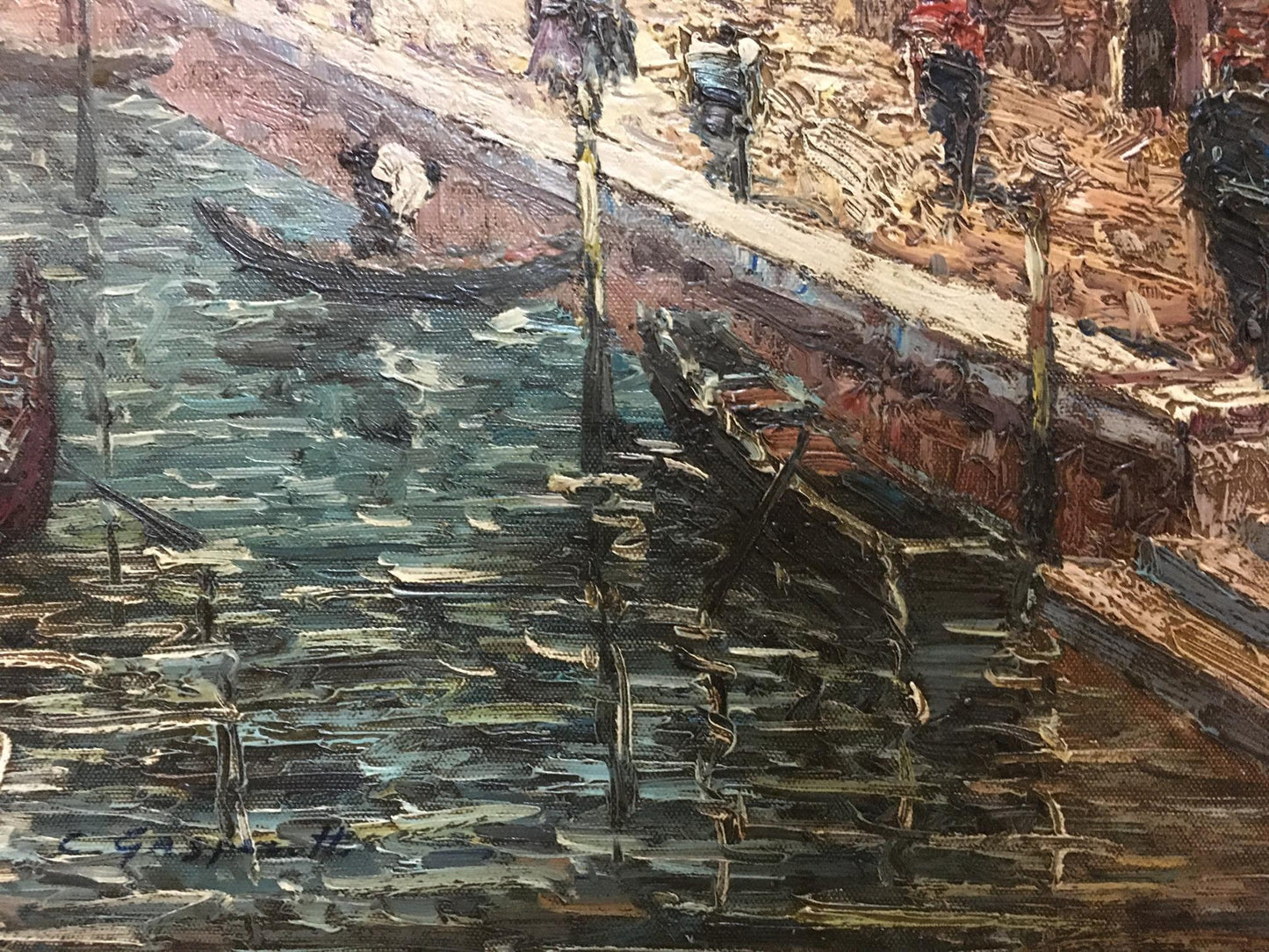 Oil painting of summer Venetian canal with gondolas and figures