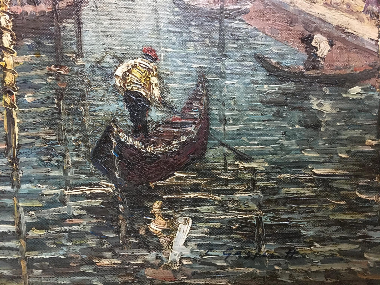 Textured oil painting of gondolier in red gondola on Venetian summer water