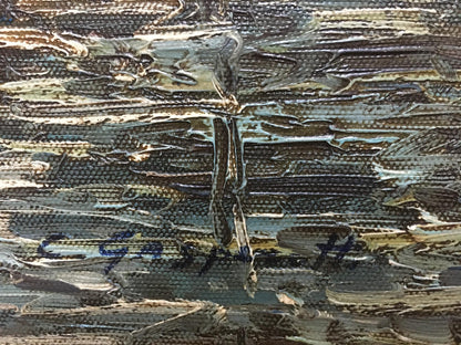 Oil painting of summer city landscape in metallic silver, gray, blue tones