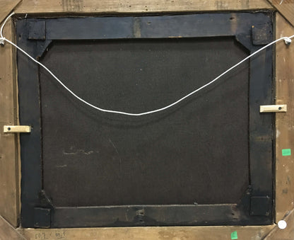 Back of oil painting Summer city landscape with black canvas, wooden frame, white wire