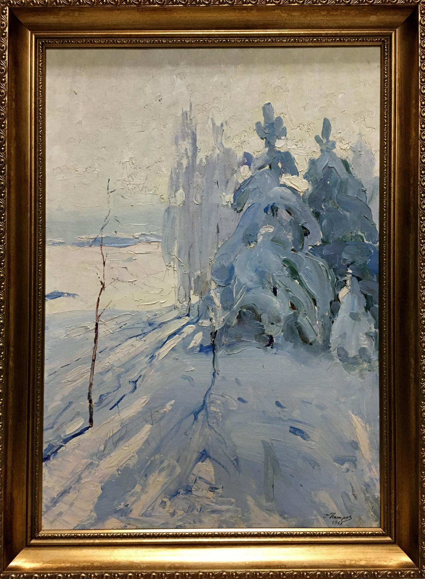 Oil painting Winter by Petrov Georgy Petrovich snowy landscape in gold frame