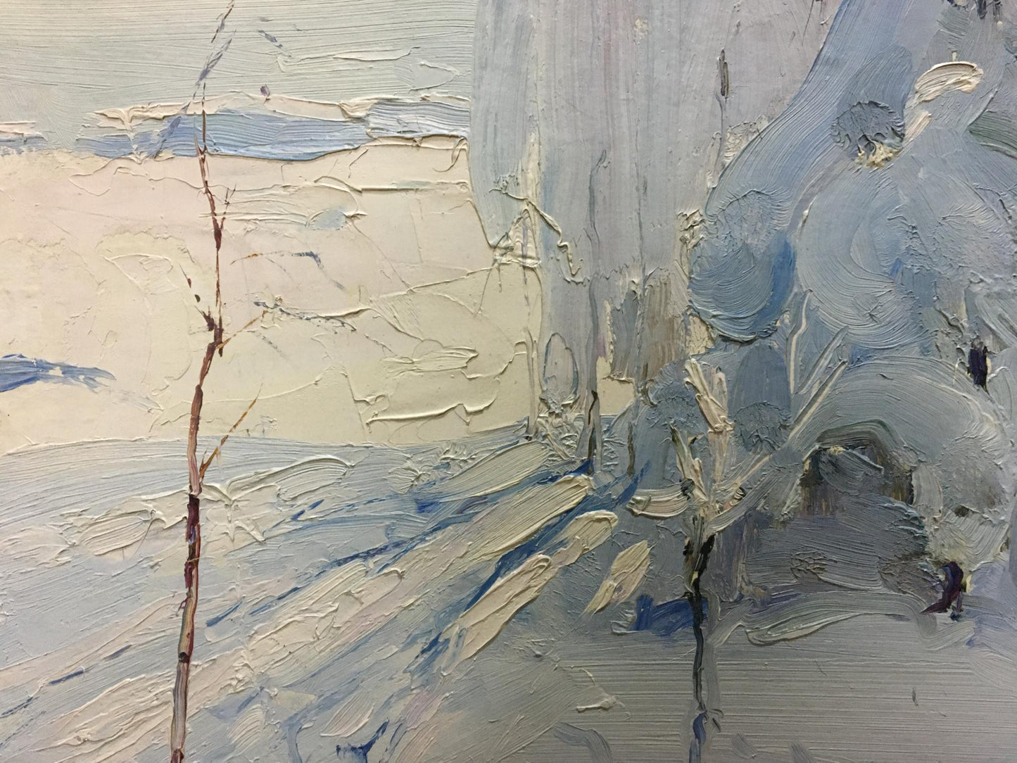 Textured impasto oil painting of snowy landscape by Georgy Petrovich Winter Petrov