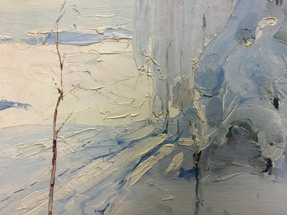 Textured impasto oil painting of snowy landscape by Georgy Petrovich Winter Petrov
