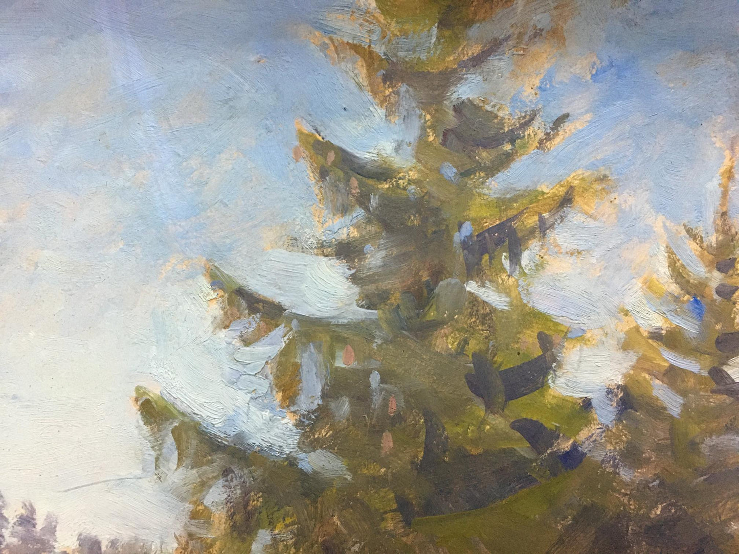 Impressionistic oil painting of pine tree in winter by Elena Alekseevna Birulya