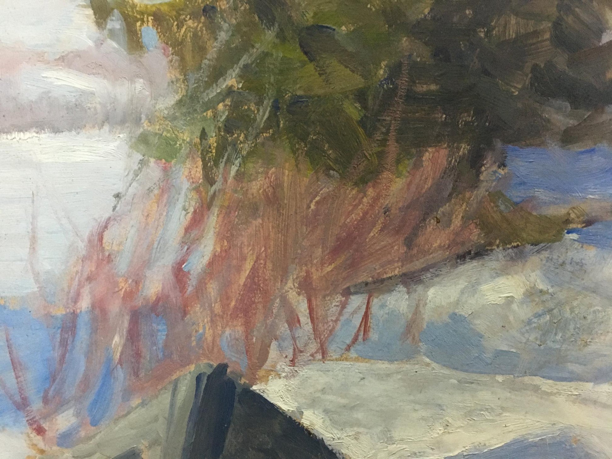 Oil painting Winter came by Elena Alekseevna Birulya: tree over snowy landscape