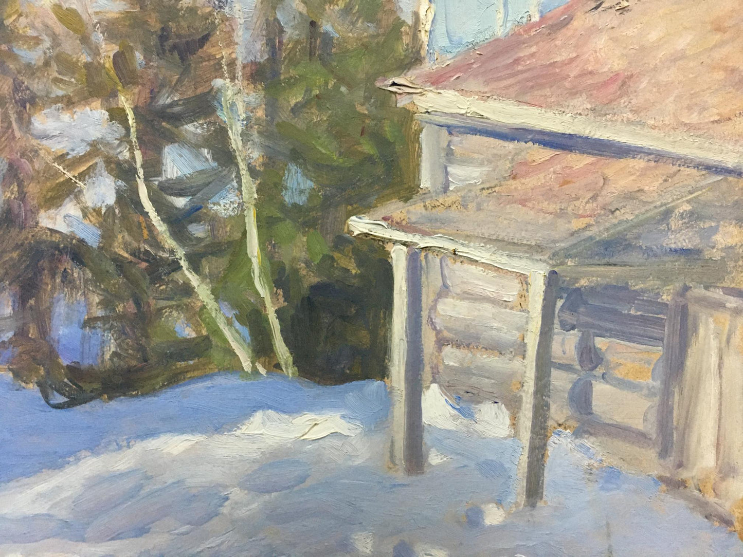 Oil painting Winter came by Elena Alekseevna Birulya rustic snowy cabin